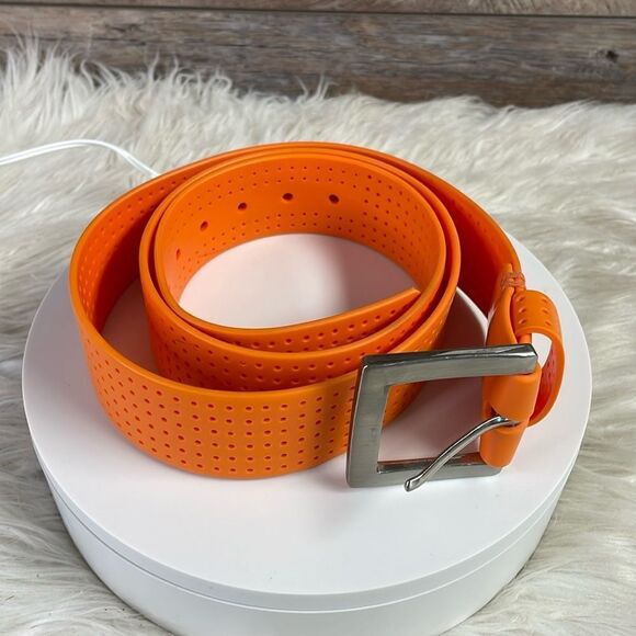 Perforated Silicone Belt Basic Prong Buckle Tangerine Orange Retro Sz 36 Unisex - Picture 1 of 6